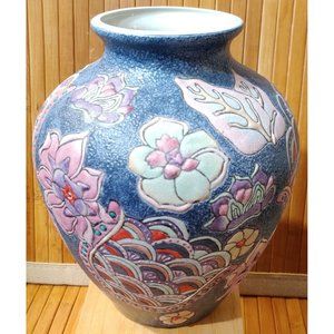 Vtg KILN ART Decorative 3D Pastel Floral Textured Asian Art Vase 10x8" Signed